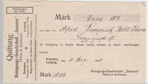 (D316) Quittung Reinigungs-Ges. Saxonia Höhne & Zschiesche Leipzig 1910