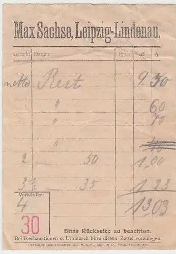 (D327) Kaufhaus Max Sachse Leipzig-Lindenau, Rechnung, vor 1945
