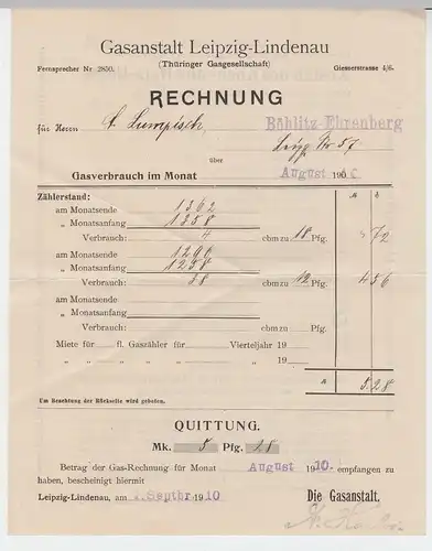 (D332) Gasanstalt Leipzig Lindenau, Rechnung f. August 1910 (5,28 Mark)