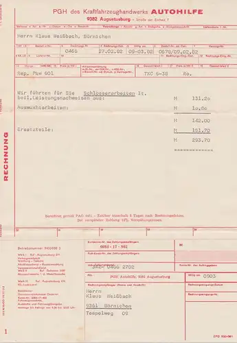 (D349) PGH Autohilfe Augustusburg, 5x Rechnung 1982-89 u.a.