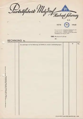 (D355) Parkettfabrik Metzdorf, H. Schwarz, 7 Stück Rechnung blanko 1968