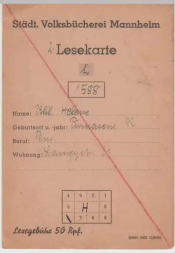 (D385) Städt. Volksbücherei Mannheim, Lesekarte f. Helene Uhl 1946-47