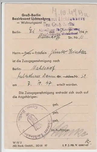 (D388) Beleg v. Wohnungsamt Groß-Berlin Bezirks-Amt Lichtenfelde 1947