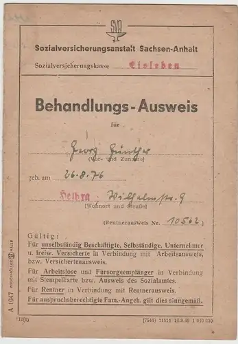 (D398) Behandlungs-Ausweis SVA Sachsen-Anhalt v. G.Günther, Helbra 1950