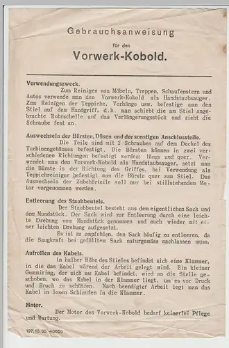 (D429) Vorwerk "Kobold" Gebrauchsanweisung, A5-Blatt