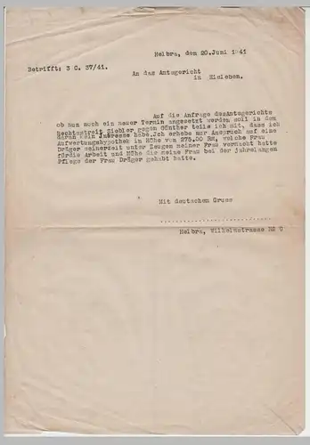 (D436) Anschreiben Durchschlag, Helbra an Amtsgericht Eisleben 1941