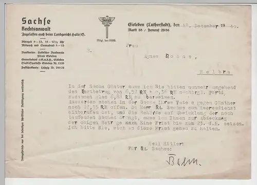 (D437) Schreiben v. RA Sachse i. Eisleben an Frau Agnes Rohne, Helbra 1940