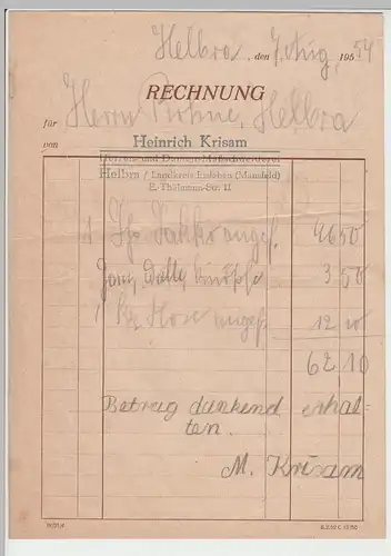 (D439) Rechnung v. Heinrich Krisam, Maßschneiderei Helbra 1954