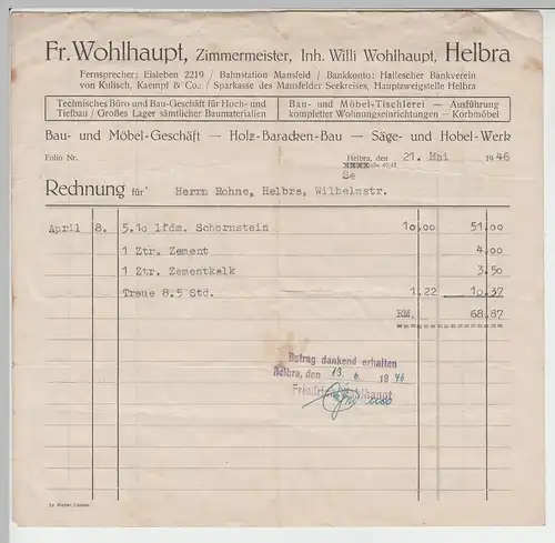 (D443) Rechnung v. Fr. Wohlhaupt, Zimmermeister Helbra 1946