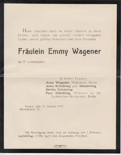 (D482) Trauerbrief Fräulein Emmy Wagener, Bonn 1917