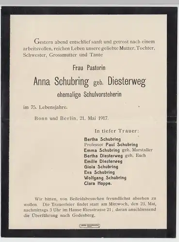 (D483) Trauerbrief Pastorin Anna Schubring geb. Diesterweg, Bonn 1917