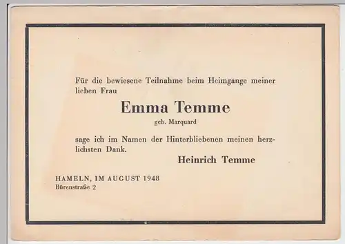(D484) Trauerkarte Emma Temme geb. Marquard, Hameln 1948