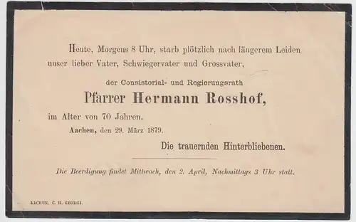 (D485) Trauerkarte Pfarrer Hermann Rosshof, Aachen 1879
