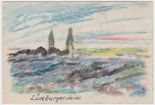 (D493) Lüneburger Heide, Original Gemälde m. Tusche u. Wachsmalstift