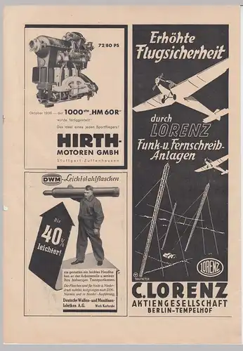 (D509) original Werbeanzeigen A4 Hirth Motoren, Lorenz-Anlagen 1936