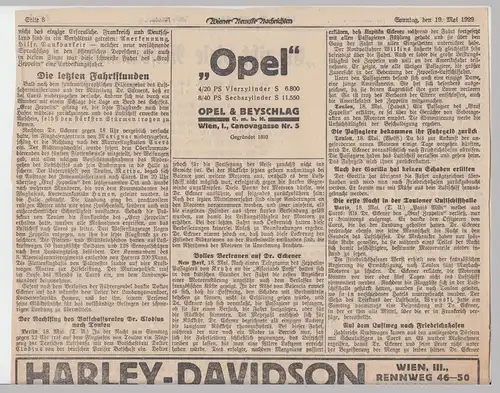 (D536) Zeitungsartikel Wien "Graf Zeppelin wartet auf neue Motoren" 1929