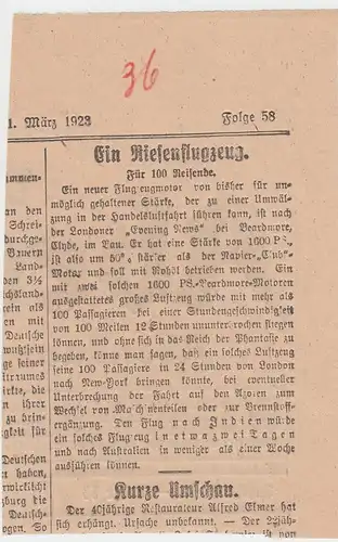 (D558) kl. Zeitungsartikel über neuen 1.600 PS Flugzeug-Motor, 01.03.1923