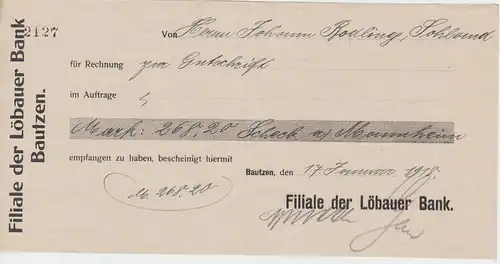 (D577) Quittung der Filiale der Löbauer Bank, Bautzen 1918