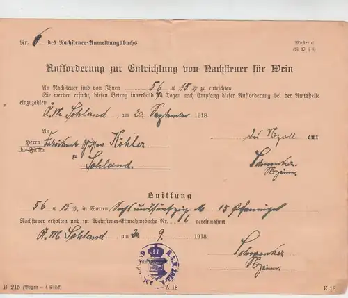 (D585) Dokument Aufforderung Nachsteuer von Wein, Quittung Sohland 1918