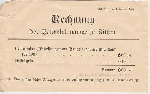 (D587) Rechnung der Handelskammer zu Zittau 1918