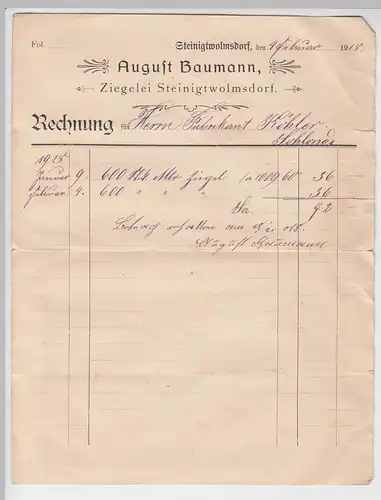 (D592) Rechnung von Tiegeler August Baumann, Steinigtwolmsdorf 1918