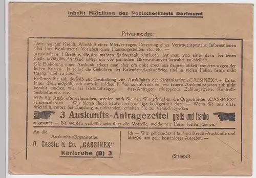 (D629) 2x Umschlag v. Postscheckamt Dortmund, Privatanzeige, vor 1945