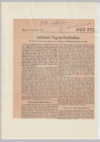 (D640) original Zeitungsartikel Stuttgart, Fahrt im Frei-Ballon, 1961