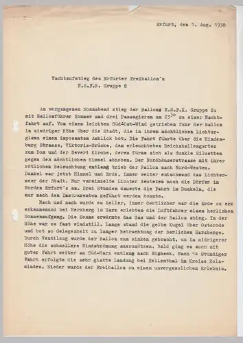 (D646) Ballonfahrt, orig. Bericht ü Nachtaufstieg v. Ballonführer Sommer, 1938er