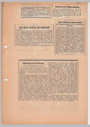 (D653) Ballonfahrt Bitterfeld, 5x orig. Zeitungsartikel über Ballon-Wettfahrt 1930er