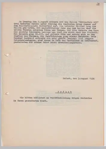 (D654) Ballonfahrt Bitterfeld 1936, Presseschreiben (Durchschlag) u. erschienene Berichte