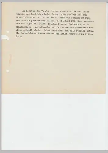 (D656) Ballonfahrt Bitterfeld 1930er, Presseschreiben u. erschienener Bericht