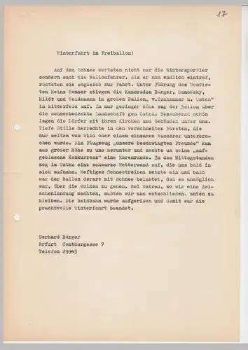 (D657) Ballonfahrt Bitterfeld 1930er, Presseschreiben (Durchschlag) u. erschienener Bericht