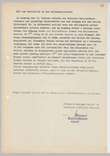 (D658) Ballonfahrt Bitterfeld 1930er, Presseschreiben vom Ballonsturm Erfurt u. erschienene Berichte
