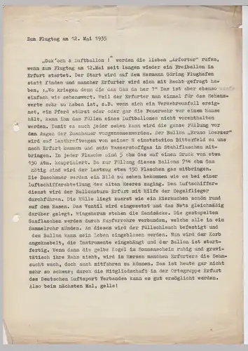 (D663) Ballonfahrt Erfurt 1935, Presseschreiben (Durchschlag) u. erschienener Bericht