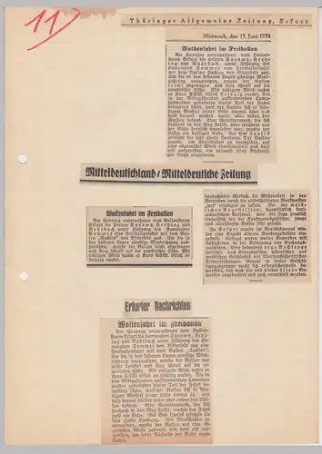 (D664) Ballonfahrt Bitterfeld 1934, Presseschreiben (Durchschlag) u. erschienene Berichte