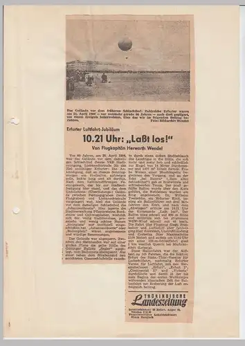 (D678) Ballonfahrt, orig. Zeitungsbericht 1969 über Fahrt in Erfurt 1909