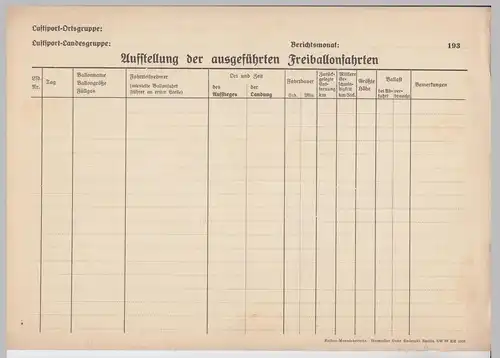 (D680) Ballonfahrt, orig. Formular leer - Auflistung Ballonfahrten 1930er