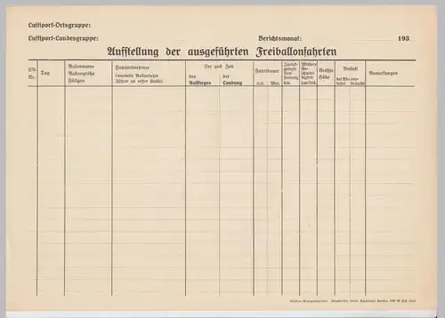 (D681) Ballonfahrt, orig. Formular leer - Auflistung Ballonfahrten 1930er