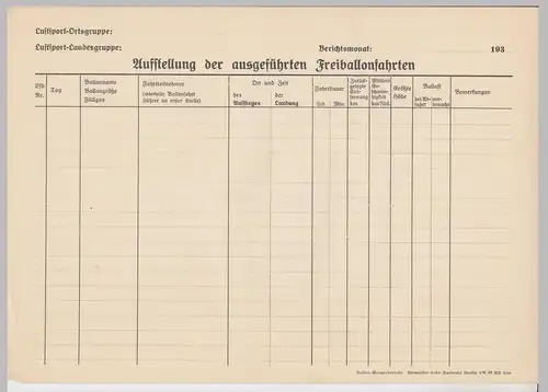 (D682) Ballonfahrt, orig. Formular leer - Auflistung Ballonfahrten 1930er