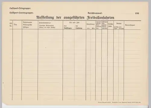 (D683) Ballonfahrt, orig. Formular leer - Auflistung Ballonfahrten 1930er