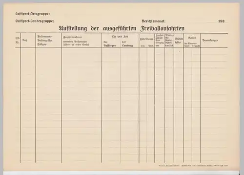 (D684) Ballonfahrt, orig. Formular leer - Auflistung Ballonfahrten 1930er