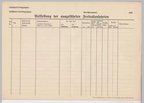 (D685) Ballonfahrt, orig. Formular leer - Auflistung Ballonfahrten 1930er