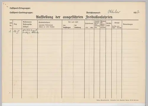 (D686) Ballonfahrt, orig. Formular - Auflistung Ballonfahrten 1937, Eintrag 10.10.37 Leuchtgas