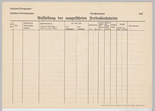(D687) Ballonfahrt, orig. Formular leer - Auflistung Ballonfahrten 1930er