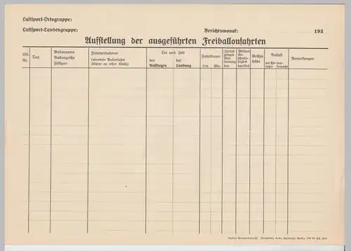 (D688) Ballonfahrt, orig. Formular leer - Auflistung Ballonfahrten 1930er