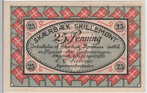 (D726) Notgeld der Stadt Skærbæk, Scherrebek (Nordschleswig) 1920, 25 Penning