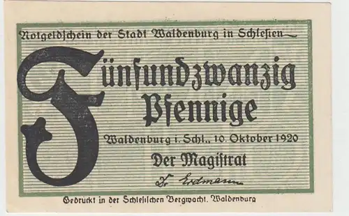 (D729) Notgeld der Stadt Waldenburg i. Schl., Wałbrzych, 25 Pf, 1920 grün