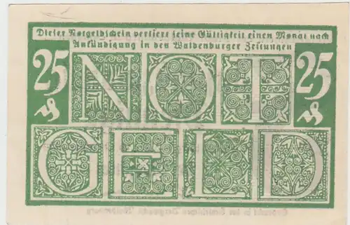 (D729) Notgeld der Stadt Waldenburg i. Schl., Wałbrzych, 25 Pf, 1920 grün