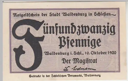 (D730) Notgeld der Stadt Waldenburg i. Schl., Wałbrzych, 25 Pf, 1920 violett
