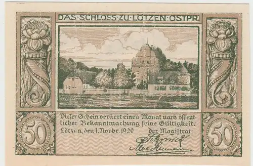 (D737) Notgeld der Stadt Lötzen, Giżycko, 50 Pfennig, 1920, Motiv Schloss